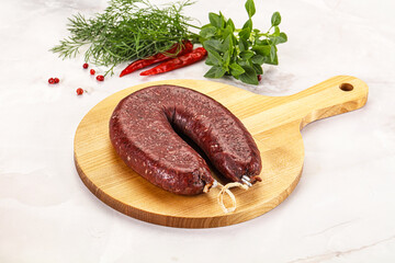 Delicious dry cured beef basturma on table, closeup