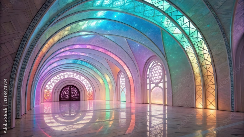 Aufkleber an architectural masterpiece featuring a serene hallway with a stained glass ceiling, reflecting a m