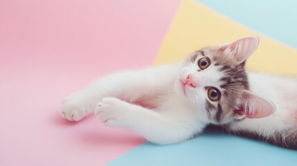 Playful Kitten Relaxing on Colorful Geometric Background