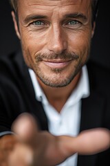 Obraz premium A Man in a Black Suit and White Shirt Reaching Out