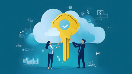 A business team unlocking success, one woman and two men lifting a giant golden key, cloud computing and cybersecurity theme, modern digital illustration