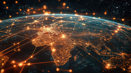 Global business network connection illustrated with world map points and connecting lines