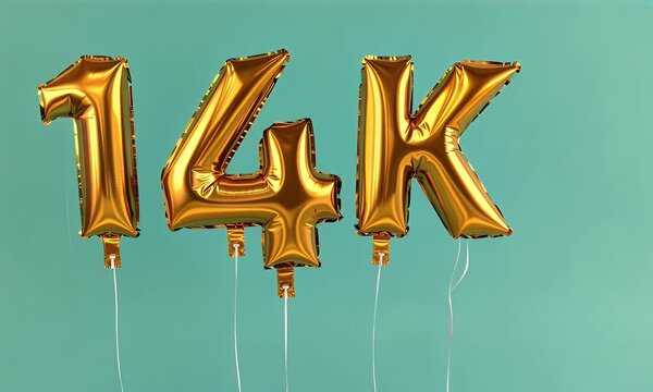 Glowing gold foil balloons designed as 14k hovering gracefully without strings, swaying delicately with the wind on a solid green background