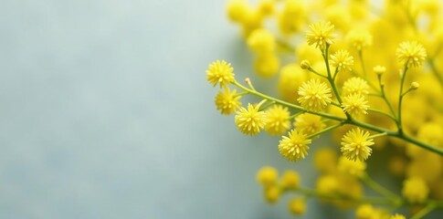 Delicate green sprig of mimosa flowers on a gray yellow background, botanical, mimosa