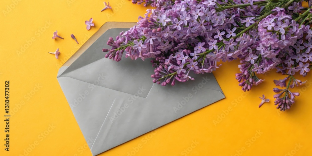 Poster a gray envelope on a yellow background adorned with delicate purple lilac blossoms, a simple yet cha