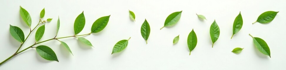 Fototapeta premium Delicate leaves scattered on a pure white surface, natural, leaves, simplicity