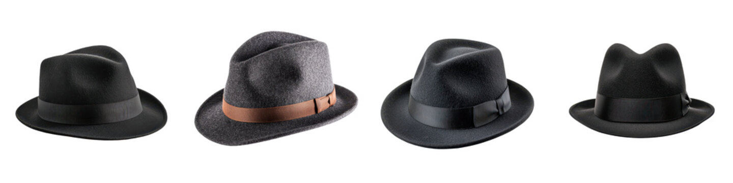 A collection of stylish and elegant hats including a fedora trilby and bowler photographed in a studio setting showcasing the refined and sophisticated style of the modern gentleman