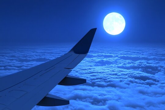 Captivating Night Sky with Full Moon and Airplane Wing Over Clouds
