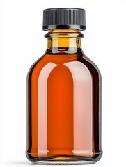 Distinctive amber syrup bottle with screw cap isolated on white background emphasizing its rich color and design elements