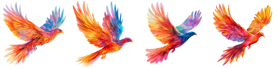 Obraz premium Majestic Colorful Birds Soaring in Graceful Motion Against a Vibrant Imaginative Sky Background Abstract Surreal Render Depicting the Beauty and Freedom of Flight