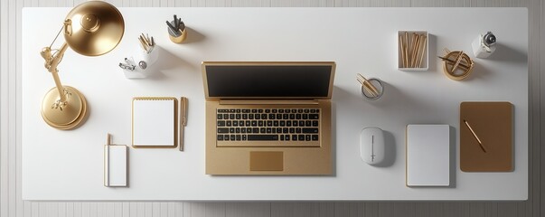 Golden Desk Arrangement with a Laptop and Office Supplies