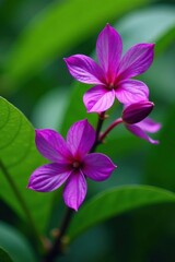 Exotic purple flowers on a tropical garden tree branch, greenery, flowers