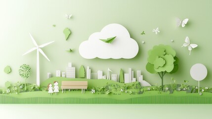 Fototapeta premium Eco Friendly Paper Cut Style Artwork Depicting a Visionary Sustainable City Landscape with Renewable Energy Sources Nature Elements and Minimalist Geometric Patterns