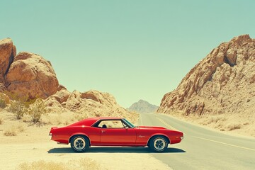 Obraz premium Classic Red Car on Desert Road Surrounded by Rocky Landscape