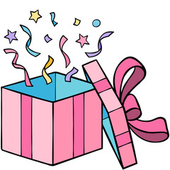 confetti floating out of gift box with bow filled outline doodle
