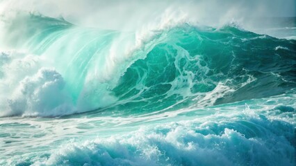 A Majestic Ocean Wave Breaking in a Turquoise Hue, Creating a Spectacular Display of Nature's Power