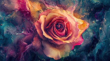 Abstract rose blooms in a celestial fluid of color and radiant energy