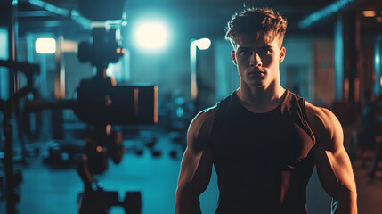 A man filming a gym story after a workout, fitness motivation, young man in the gym