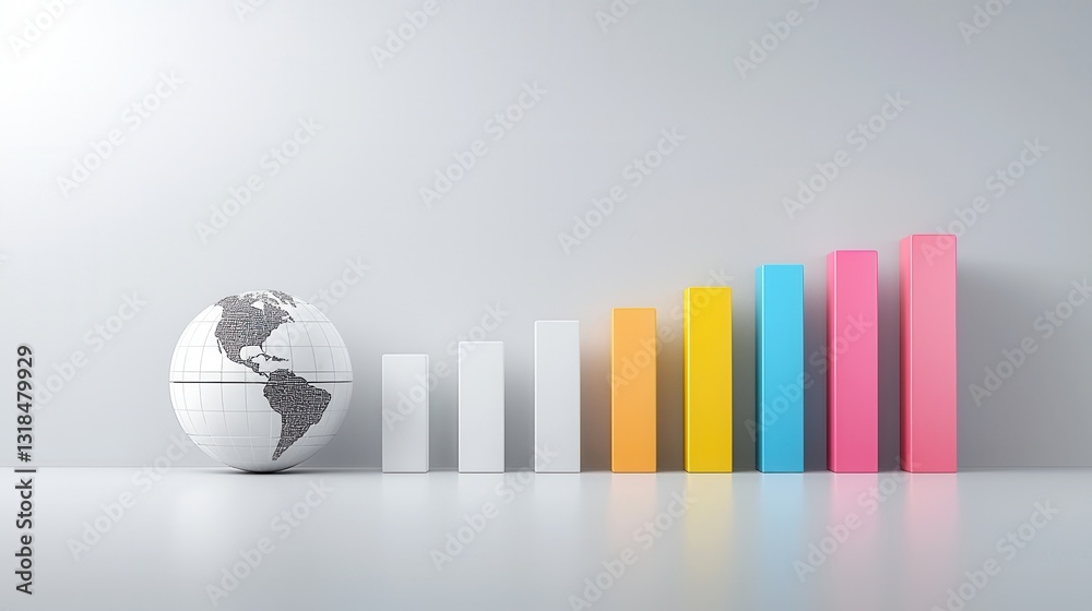 Poster visually striking 3d rendered of a global data visualization with various colored chart and graph el