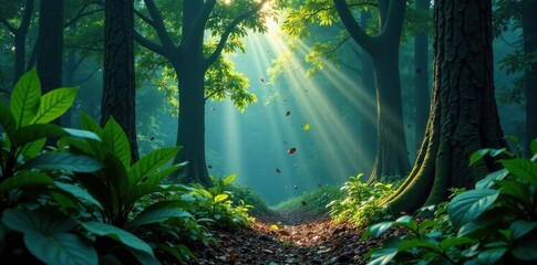 Dark forest with large exotic leaves falling from trees, autumn foliage, mysterious ambiance