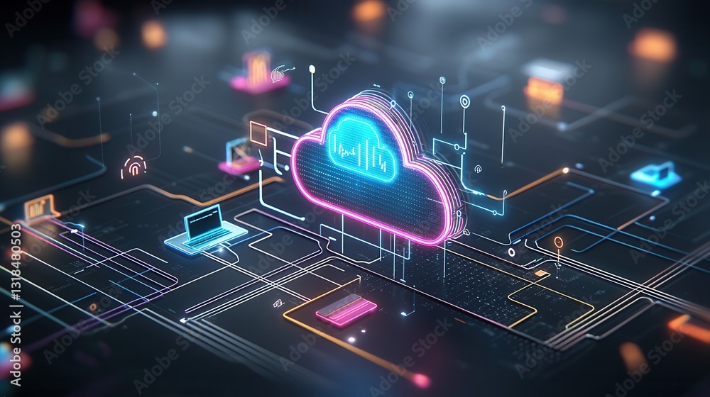 Poster visually striking high tech digital artwork depicting a futuristic cloud computing network system wi