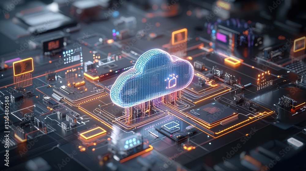 Poster visually striking high tech digital artwork depicting a futuristic cloud computing and networking la