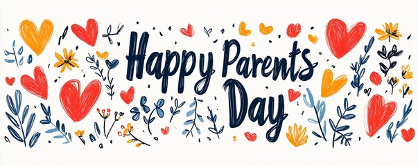 A cheerful illustration for Parents Day featuring 'Happy Parents Day' in bold navy cursive with colorful hearts and plants. Ideal for greeting cards or posters.