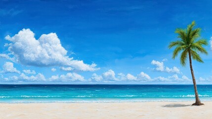 Fototapeta premium Vibrant painting of a lush palm tree standing gracefully on a soft sandy beach under bright blue skies