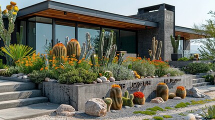 Fototapeta premium Beautiful garden with sleek concrete planter and colorful cacti in a minimalistic clean atmosphere