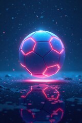 Fototapeta premium A radiant and luminous neon-colored soccer ball floating on the blue expanse of a digital canvas with an ethereal atmosphere, sports, color, background