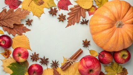 Fototapeta premium A vibrant autumnal still life featuring a plump pumpkin, ripe apples, and fragrant star anise surrounded by colorful autumn leaves.
