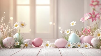 Obraz premium Pastel Easter eggs, daisies, spring flowers, bright window, wooden table