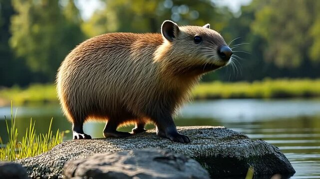Mountain Pika Perched on Rock by Lake at Dawn