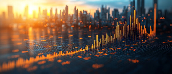 High detail line graph showcasing stock investments with city skyline