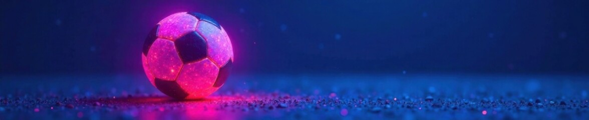 Naklejka premium Abstract glowing neon colored soccer ball on blue ground, sphere, soccer ball, blue