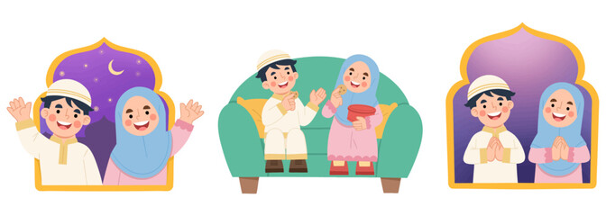 Illustration set of cheerful Islamic Muslim children