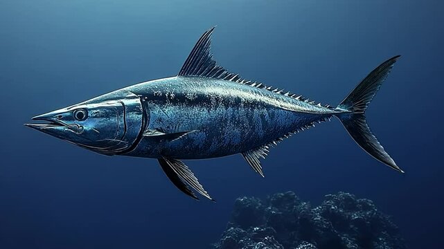 Majestic Wahoo Fish Underwater in Deep Blue Ocean