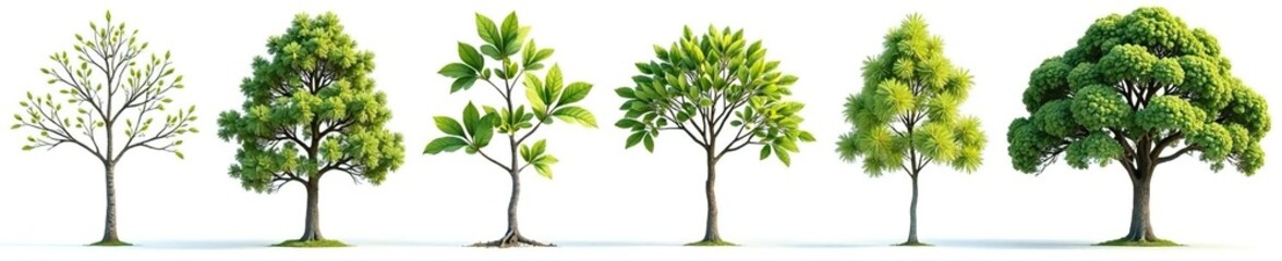 Varying branches of a tree with leaves isolated on white background, plants, white background