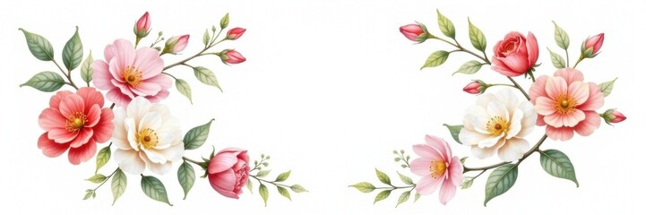Delicate watercolor floral wreath on a soft white background, flowers, petals