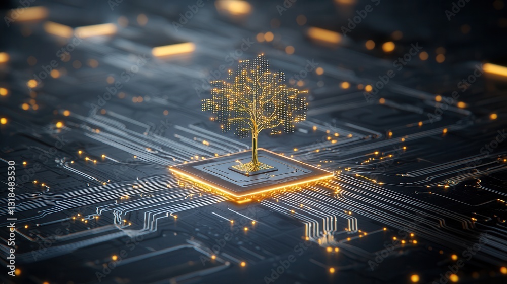 Poster futuristic digital landscape with a glowing tree like structure emerging from a complex network of i