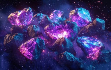 Floating cluster of space rocks glowing with cosmic energy