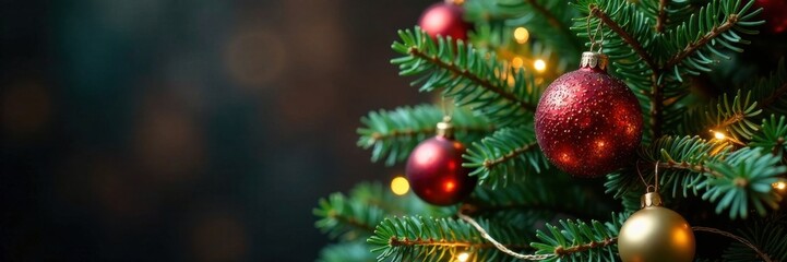 Fototapeta premium Dense evergreen tree topped with a cluster of colorful glass ornaments and twinkling string lights , christmas tree, winter wonderland
