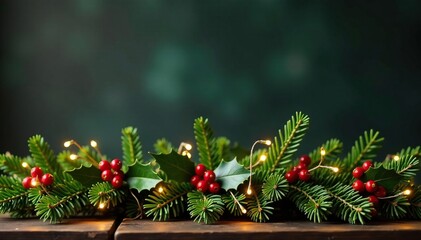 Coniferous branch swag with fairy lights and holly sprigs, festive centerpieces, swag garland