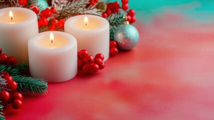 White candles glow gently amidst festive greenery and red berries, enhancing the holiday spirit with a tranquil ambiance