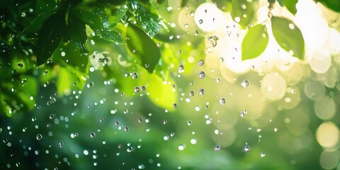 Floating delicate water droplets on a blurred green forest background