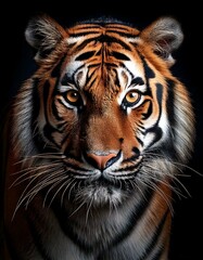 Fototapeta premium A captivating close-up portrait showcases a majestic tiger with piercing eyes against a dark background.