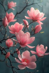 Delicate pink magnolia blossoms bloom on branches with rich details against a soft background