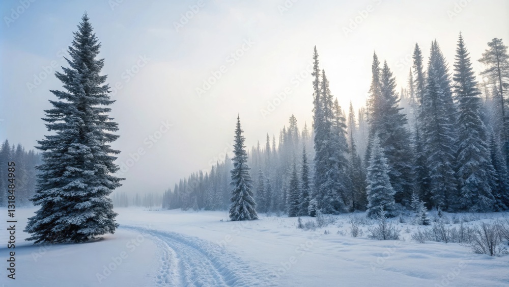 Poster a solitary pine tree stands tall amidst a snowy landscape, its branches frosted in white, casting a 