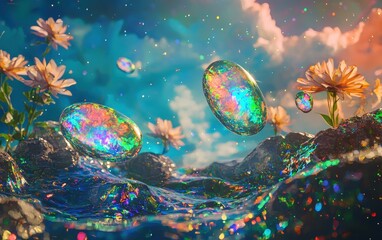 Floating opal stones shimmering with color on a surreal dreamscape background