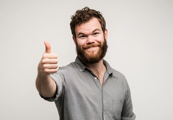 Fototapeta premium Young handsome businessman confidently smiling and giving a thumbs-up gesture in a bright studio setting. Generative AI
